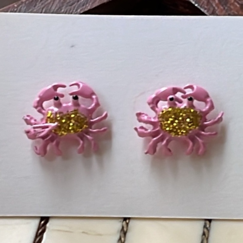 Pink and Gold Crab Stud Earrings